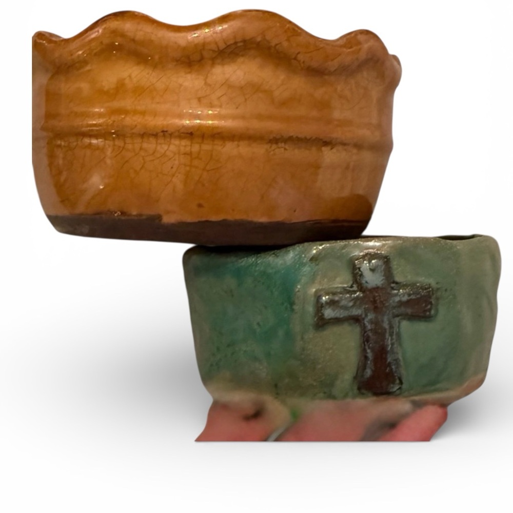 Ceramic Bowls-Caramel Brown and Teal with Cross - Perfect for snacks or candles